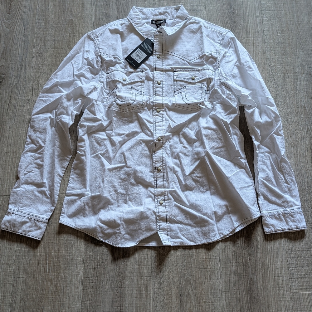 True Religion White Casual Button Down Shirt- L